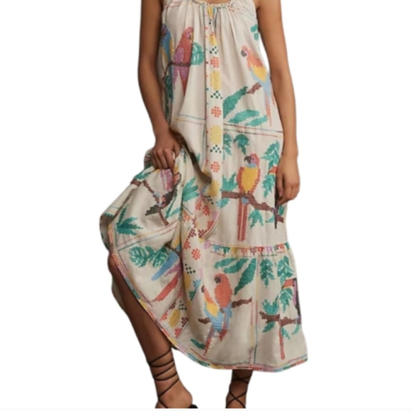 Farm Rio Stitched Bird Print Maxi Dress Sz L - Picture 1 of 12